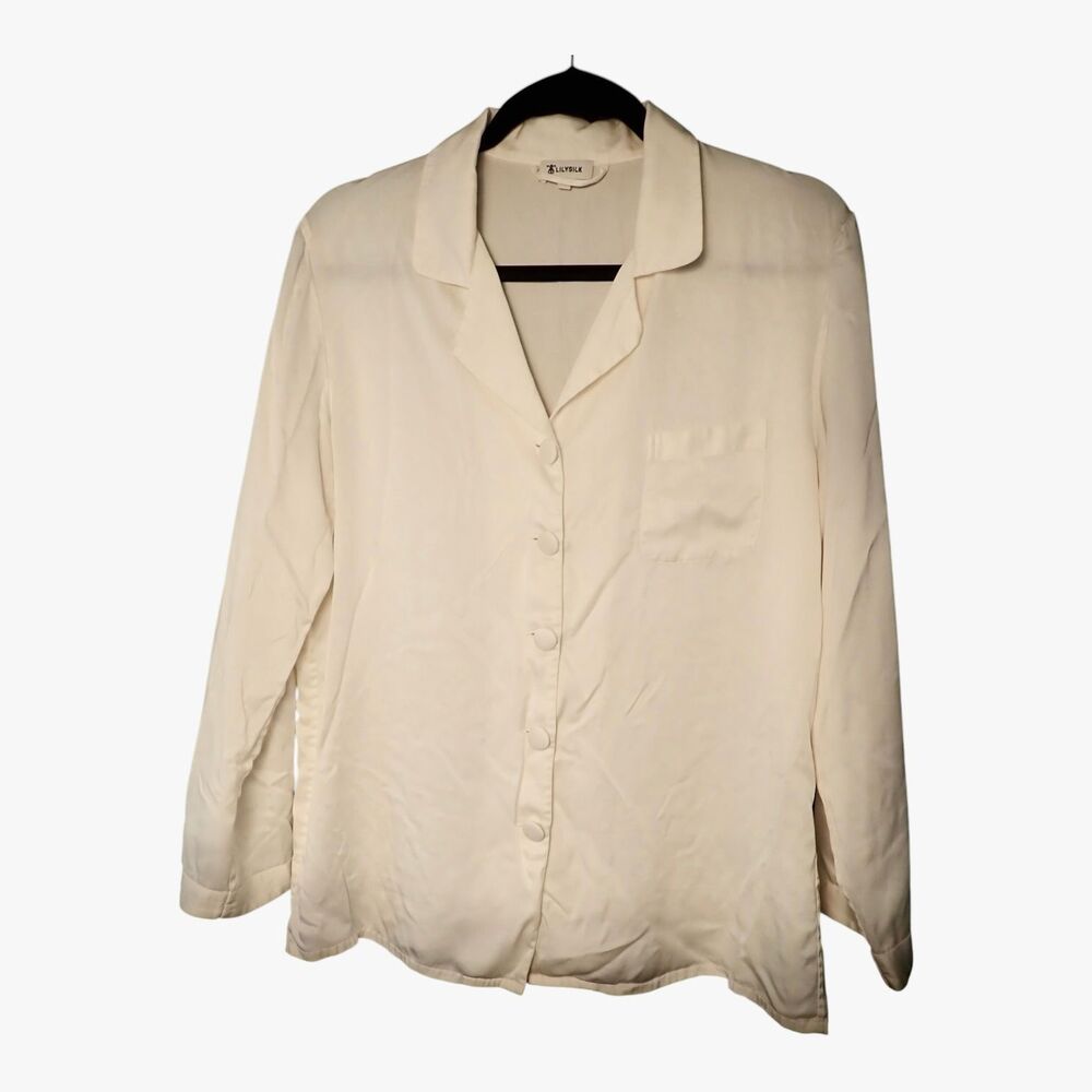 LILYSILK 100% Mulberry Silk Notch Collar Pajama Top Blouse Ivory Cream Medium M